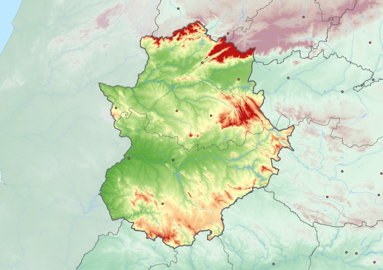 hoogtekaart van Extremadura
