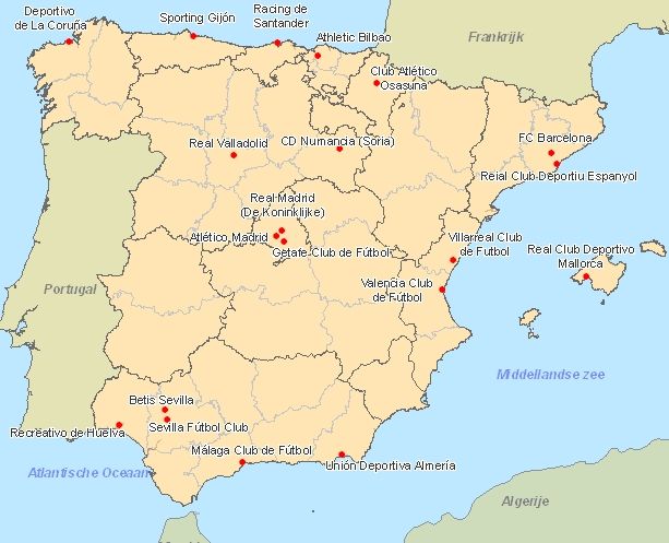 Kaart van Primera división: spaanse eredivisie (spaanse voetbalclubs)